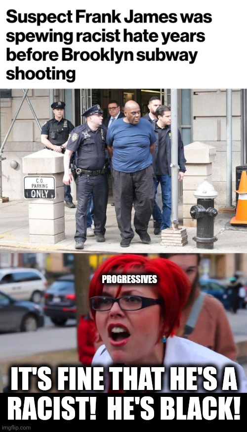 When racism is OK: BLM would be so proud! | PROGRESSIVES; IT'S FINE THAT HE'S A
RACIST!  HE'S BLACK! | image tagged in angry feminist red,memes,brooklyn,subway shooter,racism,democrats | made w/ Imgflip meme maker