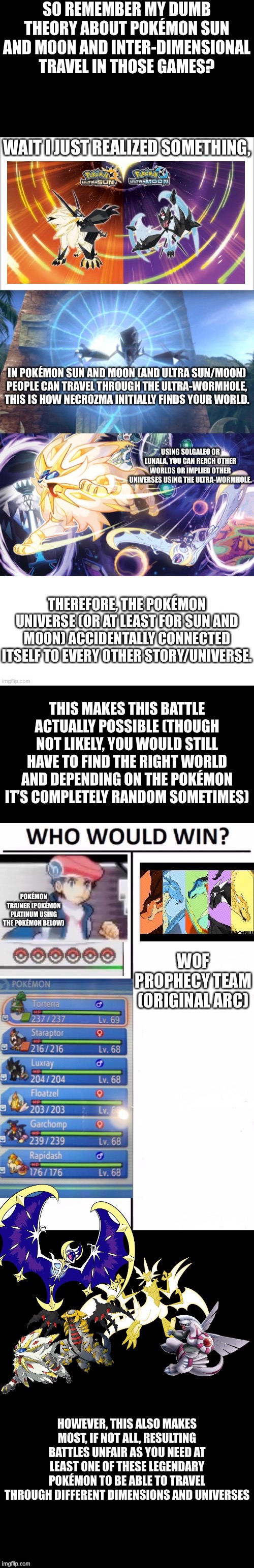 I think we all know Giratina, Necrozma, and Palkia would wipe the floor with most opponents, even with their power reduced by be | SO REMEMBER MY DUMB THEORY ABOUT POKÉMON SUN AND MOON AND INTER-DIMENSIONAL TRAVEL IN THOSE GAMES? THIS MAKES THIS BATTLE ACTUALLY POSSIBLE (THOUGH NOT LIKELY, YOU WOULD STILL HAVE TO FIND THE RIGHT WORLD AND DEPENDING ON THE POKÉMON IT’S COMPLETELY RANDOM SOMETIMES); HOWEVER, THIS ALSO MAKES MOST, IF NOT ALL, RESULTING BATTLES UNFAIR AS YOU NEED AT LEAST ONE OF THESE LEGENDARY POKÉMON TO BE ABLE TO TRAVEL THROUGH DIFFERENT DIMENSIONS AND UNIVERSES | image tagged in double long black template | made w/ Imgflip meme maker