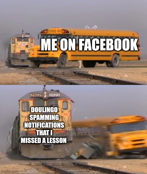 A train hitting a school bus | ME ON FACEBOOK; DOULINGO SPAMMING NOTIFICATIONS THAT I MISSED A LESSON | image tagged in a train hitting a school bus | made w/ Imgflip meme maker