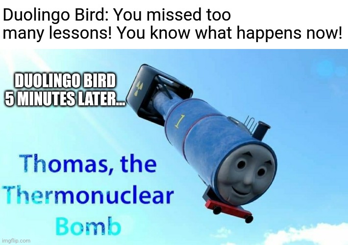 Here's another Duolingo meme! This time, it features Thomas! |  Duolingo Bird: You missed too many lessons! You know what happens now! DUOLINGO BIRD 5 MINUTES LATER... | image tagged in thomas the thermonuclear bomb,duolingo | made w/ Imgflip meme maker