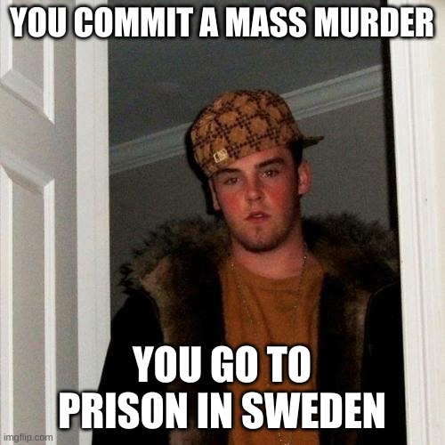 Scumbag Steve Meme | YOU COMMIT A MASS MURDER YOU GO TO PRISON IN SWEDEN | image tagged in memes,scumbag steve | made w/ Imgflip meme maker