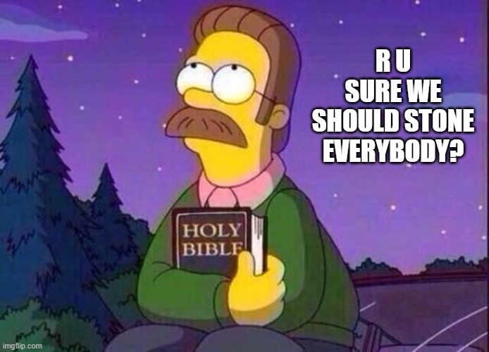 Ned Flanders and Bible | R U SURE WE SHOULD STONE EVERYBODY? | image tagged in ned flanders and bible | made w/ Imgflip meme maker