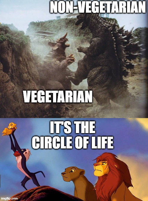 where's the lie? | NON-VEGETARIAN; VEGETARIAN; IT'S THE CIRCLE OF LIFE | image tagged in circle of life | made w/ Imgflip meme maker