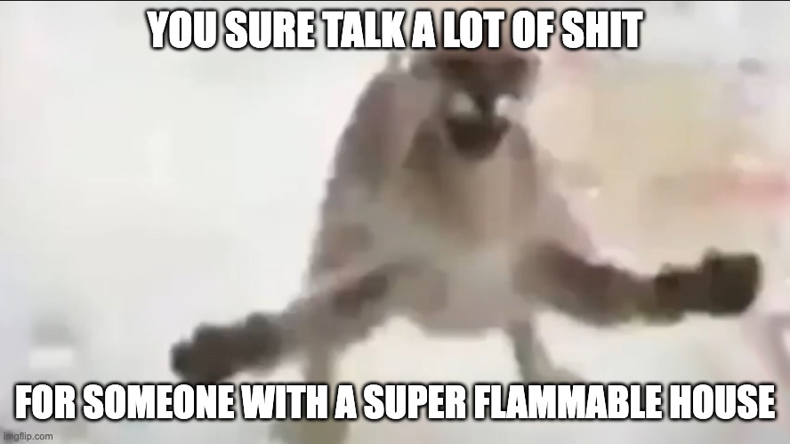 Angy floppa | YOU SURE TALK A LOT OF SHIT FOR SOMEONE WITH A SUPER FLAMMABLE HOUSE | image tagged in angy floppa | made w/ Imgflip meme maker