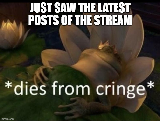 Dies from cringe | JUST SAW THE LATEST POSTS OF THE STREAM | image tagged in dies from cringe | made w/ Imgflip meme maker
