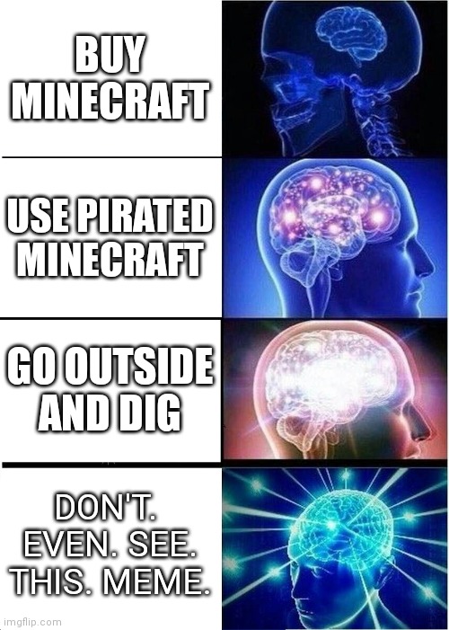 Minecraft | BUY MINECRAFT; USE PIRATED MINECRAFT; GO OUTSIDE AND DIG; DON'T.  EVEN. SEE. THIS. MEME. | image tagged in memes,expanding brain | made w/ Imgflip meme maker