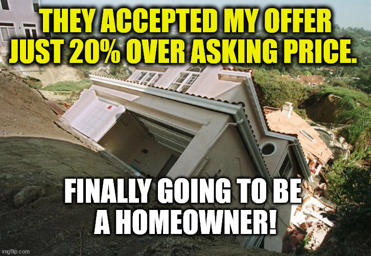 Finally a Homeowner | THEY ACCEPTED MY OFFER JUST 20% OVER ASKING PRICE. FINALLY GOING TO BE 
A HOMEOWNER! | image tagged in fun,funny,real estate,housing bubble,economics | made w/ Imgflip meme maker