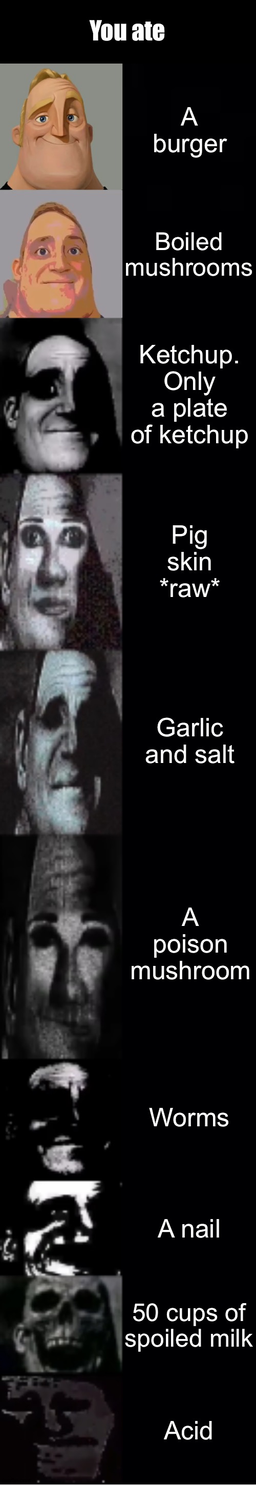 You ate: | You ate; A burger; Boiled mushrooms; Ketchup. Only a plate of ketchup; Pig skin *raw*; Garlic and salt; A poison mushroom; Worms; A nail; 50 cups of spoiled milk; Acid | image tagged in mr incredible becoming uncanny | made w/ Imgflip meme maker