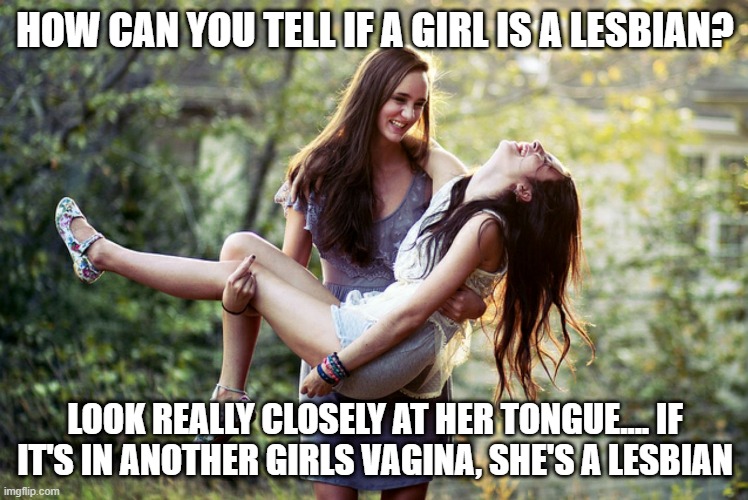 Simple Description | HOW CAN YOU TELL IF A GIRL IS A LESBIAN? LOOK REALLY CLOSELY AT HER TONGUE.... IF IT'S IN ANOTHER GIRLS VAGINA, SHE'S A LESBIAN | image tagged in lesbian | made w/ Imgflip meme maker