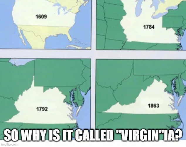 Looks Like It Was F'ed to Me | SO WHY IS IT CALLED "VIRGIN"IA? | image tagged in history memes | made w/ Imgflip meme maker