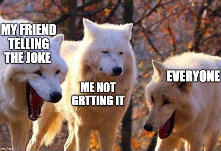 Laughing wolf | MY FRIEND TELLING THE JOKE; EVERYONE; ME NOT GRTTING IT | image tagged in laughing wolf | made w/ Imgflip meme maker