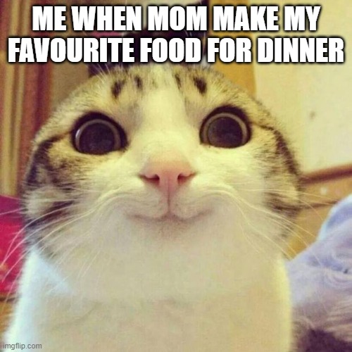 Smiling Cat | ME WHEN MOM MAKE MY FAVOURITE FOOD FOR DINNER | image tagged in memes,smiling cat | made w/ Imgflip meme maker