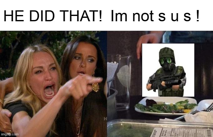 Woman Yelling At Cat Meme | HE DID THAT! Im not s u s ! | image tagged in memes,woman yelling at cat | made w/ Imgflip meme maker