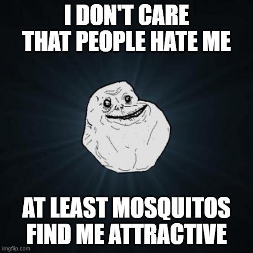Forever Alone Meme |  I DON'T CARE THAT PEOPLE HATE ME; AT LEAST MOSQUITOS FIND ME ATTRACTIVE | image tagged in memes,forever alone | made w/ Imgflip meme maker