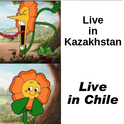 I'd rather live in Chile than in Kazakhstan because Chile has great singers and good football teams unlike Kazakhstan | Live in Kazakhstan; Live in Chile | image tagged in cuphead flower,memes,chile,kazakhstan,so true memes,stop reading the tags | made w/ Imgflip meme maker