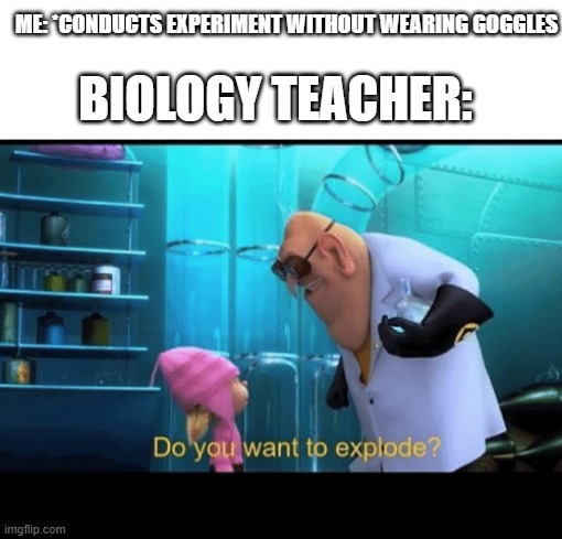 In Biology Class | ME: *CONDUCTS EXPERIMENT WITHOUT WEARING GOGGLES; BIOLOGY TEACHER: | image tagged in do you want to explode | made w/ Imgflip meme maker