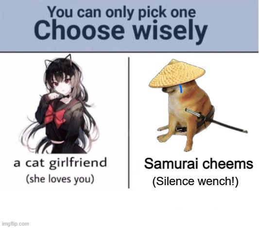 Silence wench! |  Samurai cheems; (Silence wench!) | image tagged in choose wisely | made w/ Imgflip meme maker