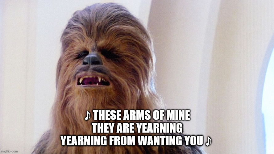 Chewbacca sings the classics | 𝅘𝅥𝅮 THESE ARMS OF MINE
THEY ARE YEARNING
YEARNING FROM WANTING YOU 𝅘𝅥𝅮 | image tagged in chewbacca | made w/ Imgflip meme maker