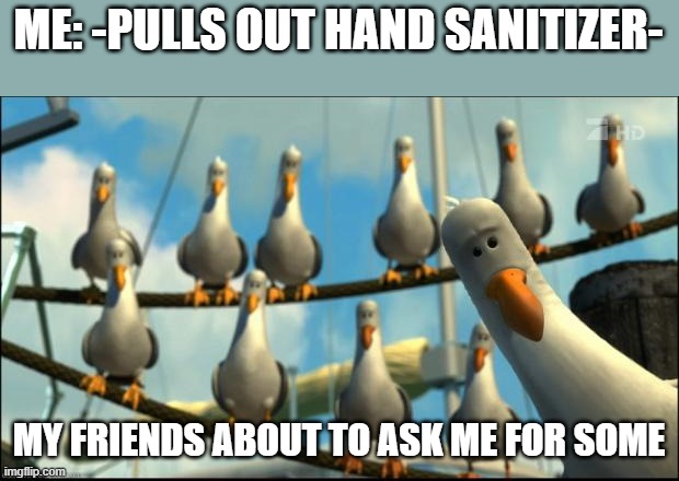 Friends when you have hand sanitizer | ME: -PULLS OUT HAND SANITIZER-; MY FRIENDS ABOUT TO ASK ME FOR SOME | image tagged in nemo seagulls mine | made w/ Imgflip meme maker