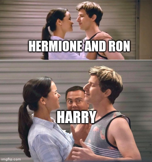 Brooklyn 99 Jake Peralta, Amy Santiago, Charles Boyle | HERMIONE AND RON; HARRY | image tagged in brooklyn 99 jake peralta amy santiago charles boyle | made w/ Imgflip meme maker