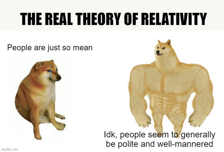 * shrieks in Newtonian Interpersonal Dynamics | THE REAL THEORY OF RELATIVITY; People are just so mean; Idk, people seem to generally be polite and well-mannered | image tagged in swole doge vs cheems flipped | made w/ Imgflip meme maker