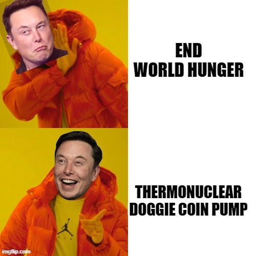 Pump my bags | END WORLD HUNGER; THERMONUCLEAR DOGGIE COIN PUMP | image tagged in elon musk | made w/ Imgflip meme maker