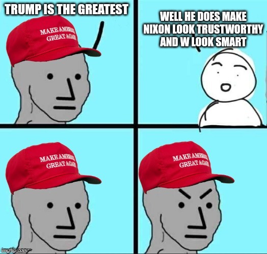 He is the greatest | WELL HE DOES MAKE NIXON LOOK TRUSTWORTHY AND W LOOK SMART; TRUMP IS THE GREATEST | image tagged in maga npc | made w/ Imgflip meme maker