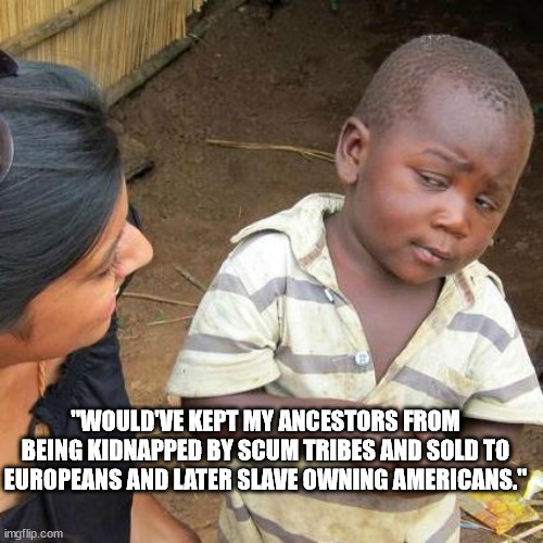 Third World Skeptical Kid Meme | "WOULD'VE KEPT MY ANCESTORS FROM BEING KIDNAPPED BY SCUM TRIBES AND SOLD TO EUROPEANS AND LATER SLAVE OWNING AMERICANS." | image tagged in memes,third world skeptical kid | made w/ Imgflip meme maker