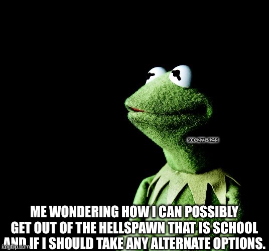 Meme ARG part 3. |  800-273-8255; ME WONDERING HOW I CAN POSSIBLY GET OUT OF THE HELLSPAWN THAT IS SCHOOL AND IF I SHOULD TAKE ANY ALTERNATE OPTIONS. | image tagged in contemplative kermit | made w/ Imgflip meme maker