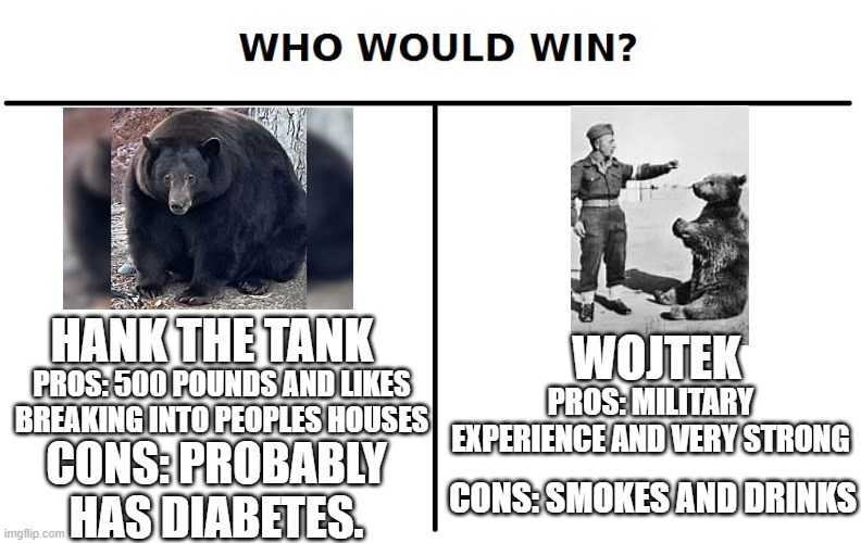 Hank the Tank vs Wojtek who will win? | HANK THE TANK; WOJTEK; PROS: MILITARY EXPERIENCE AND VERY STRONG; PROS: 500 POUNDS AND LIKES BREAKING INTO PEOPLES HOUSES; CONS: PROBABLY HAS DIABETES. CONS: SMOKES AND DRINKS | image tagged in who would win | made w/ Imgflip meme maker