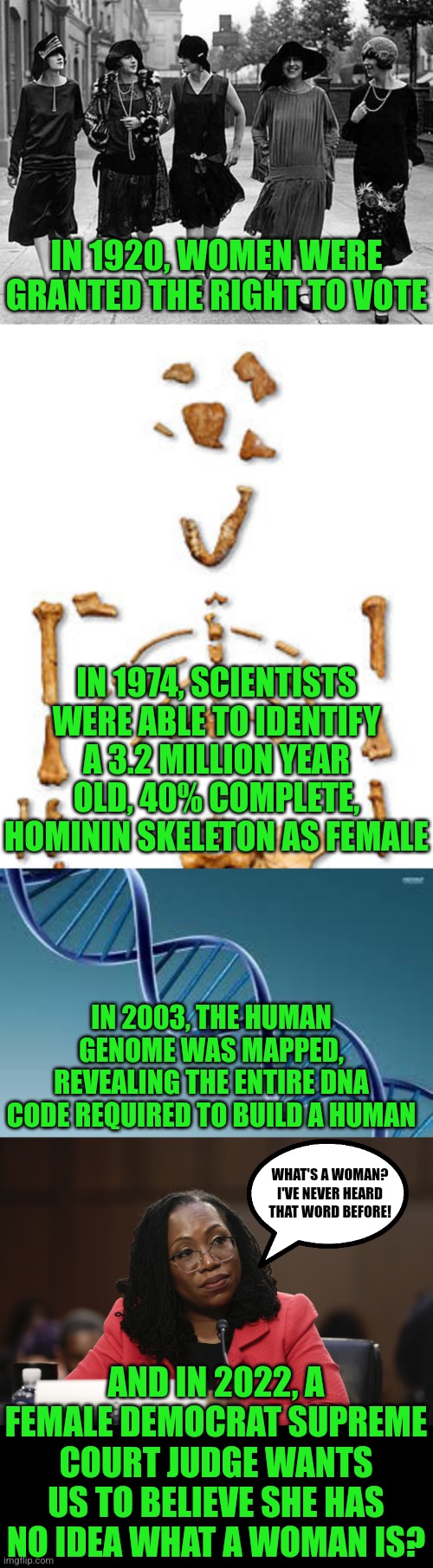 Science is much like crime in many ways. If a Democrat is in charge, it gets worse.... |  IN 1920, WOMEN WERE GRANTED THE RIGHT TO VOTE; IN 1974, SCIENTISTS WERE ABLE TO IDENTIFY A 3.2 MILLION YEAR OLD, 40% COMPLETE, HOMININ SKELETON AS FEMALE; IN 2003, THE HUMAN GENOME WAS MAPPED, REVEALING THE ENTIRE DNA CODE REQUIRED TO BUILD A HUMAN; WHAT'S A WOMAN? I'VE NEVER HEARD THAT WORD BEFORE! AND IN 2022, A FEMALE DEMOCRAT SUPREME COURT JUDGE WANTS US TO BELIEVE SHE HAS NO IDEA WHAT A WOMAN IS? | image tagged in 1920s flapper,dna,ketanji brown jackson,democrats,science,stupid people | made w/ Imgflip meme maker