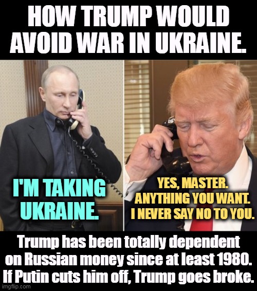 Trump talks big, but he's a devout coward. | HOW TRUMP WOULD AVOID WAR IN UKRAINE. YES, MASTER. ANYTHING YOU WANT.
I NEVER SAY NO TO YOU. I'M TAKING UKRAINE. Trump has been totally dependent on Russian money since at least 1980. If Putin cuts him off, Trump goes broke. | image tagged in putin and trump on phone,putin,war,trump,chicken,coward | made w/ Imgflip meme maker