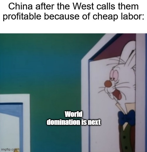 The overall negative impact that it had on today because of Xi | China after the West calls them profitable because of cheap labor:; World domination is next | image tagged in white rabbit hype,china | made w/ Imgflip meme maker