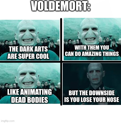 voldemort | VOLDEMORT:; WITH THEM YOU CAN DO AMAZING THINGS; THE DARK ARTS ARE SUPER COOL; BUT THE DOWNSIDE IS YOU LOSE YOUR NOSE; LIKE ANIMATING DEAD BODIES | image tagged in memes,blank starter pack,harry potter,voldemort,evil | made w/ Imgflip meme maker