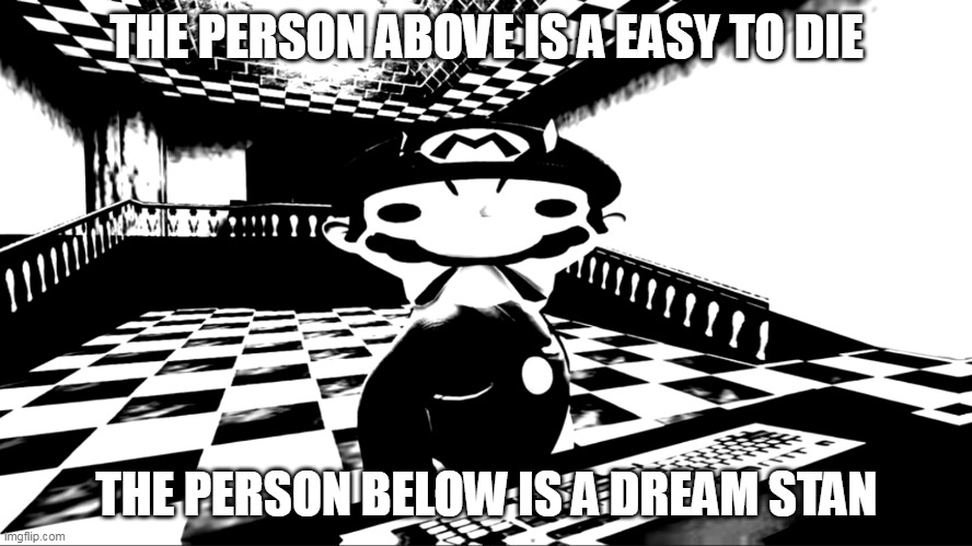 Very angry mario | THE PERSON ABOVE IS A EASY TO DIE; THE PERSON BELOW IS A DREAM STAN | image tagged in very angry mario | made w/ Imgflip meme maker