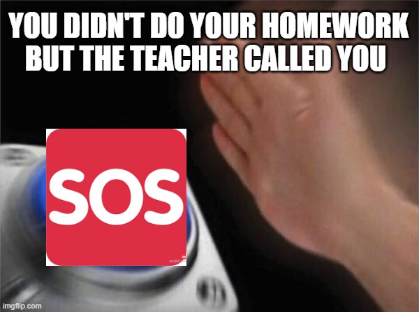 sos | YOU DIDN'T DO YOUR HOMEWORK BUT THE TEACHER CALLED YOU | image tagged in memes,blank nut button | made w/ Imgflip meme maker