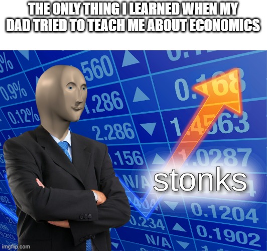 stonks |  THE ONLY THING I LEARNED WHEN MY DAD TRIED TO TEACH ME ABOUT ECONOMICS | image tagged in stonks | made w/ Imgflip meme maker