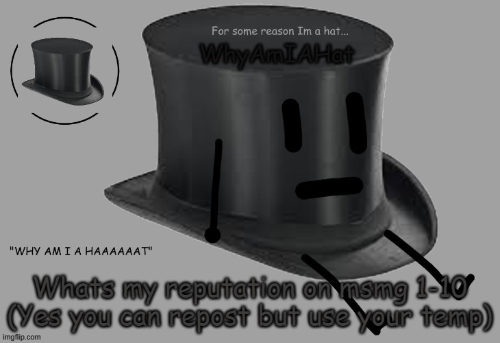 e | Whats my reputation on msmg 1-10 (Yes you can repost but use your temp) | image tagged in hat announcement temp | made w/ Imgflip meme maker