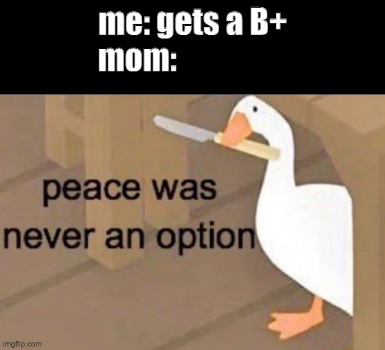 DONT GET B+ | me: gets a B+
mom: | image tagged in peace was never an option | made w/ Imgflip meme maker