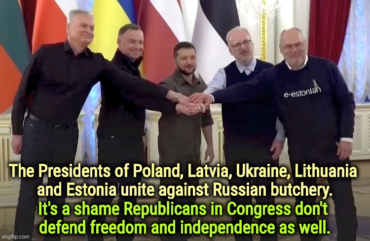 Putin, like Trump, is poisoned by grandiosity, and gets angry when reality cuts him down to size. | The Presidents of Poland, Latvia, Ukraine, Lithuania 
and Estonia unite against Russian butchery. It's a shame Republicans in Congress don't 
defend freedom and independence as well. | image tagged in presidents of poland latvia ukraine lithuania and estonia,ukraine,war,putin,butcher | made w/ Imgflip meme maker