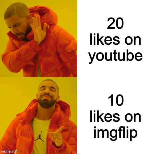 likes | 20 likes on youtube; 10 likes on imgflip | image tagged in memes,drake hotline bling | made w/ Imgflip meme maker