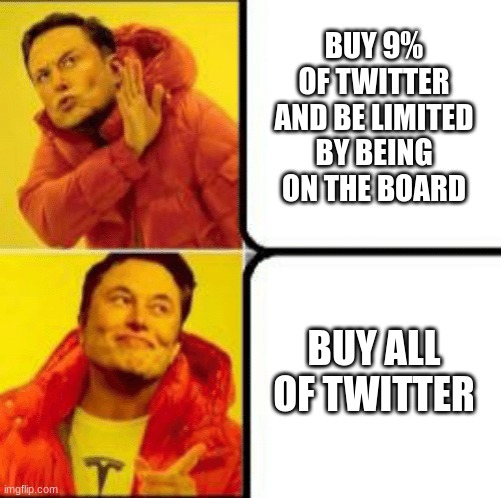 Drake elon | BUY 9% OF TWITTER AND BE LIMITED BY BEING ON THE BOARD; BUY ALL OF TWITTER | image tagged in drake elon | made w/ Imgflip meme maker
