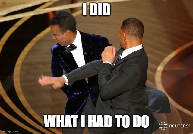 Will Smith punching Chris Rock | I DID WHAT I HAD TO DO | image tagged in will smith punching chris rock | made w/ Imgflip meme maker