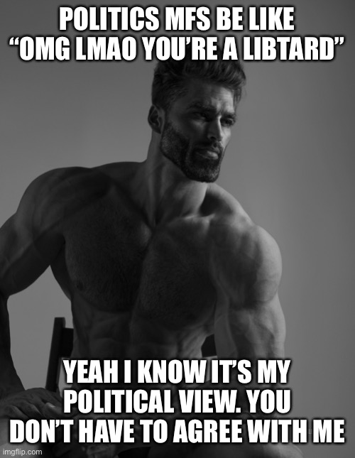 Giga Chad | POLITICS MFS BE LIKE “OMG LMAO YOU’RE A LIBTARD” YEAH I KNOW IT’S MY POLITICAL VIEW. YOU DON’T HAVE TO AGREE WITH ME | image tagged in giga chad | made w/ Imgflip meme maker