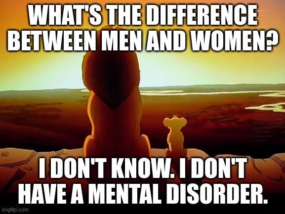 What is Gender? | WHAT'S THE DIFFERENCE BETWEEN MEN AND WOMEN? I DON'T KNOW. I DON'T HAVE A MENTAL DISORDER. | image tagged in memes,lion king,gender confusion,transgender,funny memes | made w/ Imgflip meme maker
