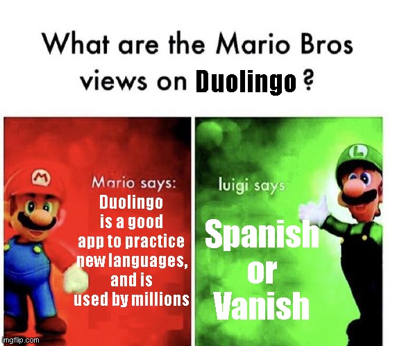 Spanish or Vanish | Duolingo; Duolingo is a good app to practice new languages, and is used by millions; Spanish or Vanish | image tagged in mario bros views,duolingo | made w/ Imgflip meme maker