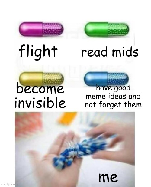 and yes there is a misspell so laugh at me in the comments (if ye want i don't really care) | flight; read mids; have good meme ideas and not forget them; become invisible; me | image tagged in blank pills meme | made w/ Imgflip meme maker