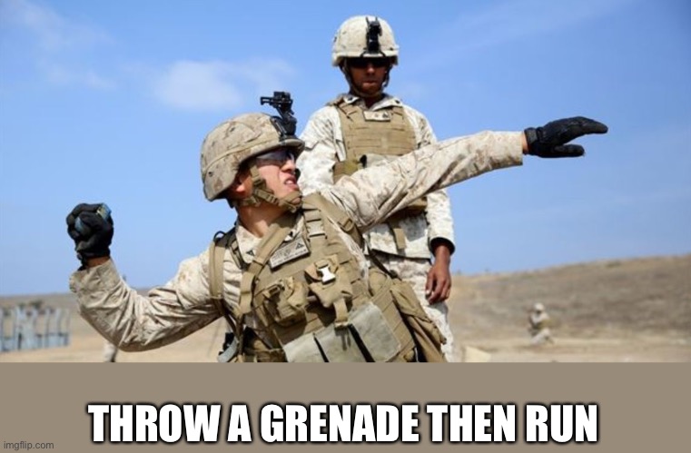 Toss grenade | THROW A GRENADE THEN RUN | image tagged in toss grenade | made w/ Imgflip meme maker