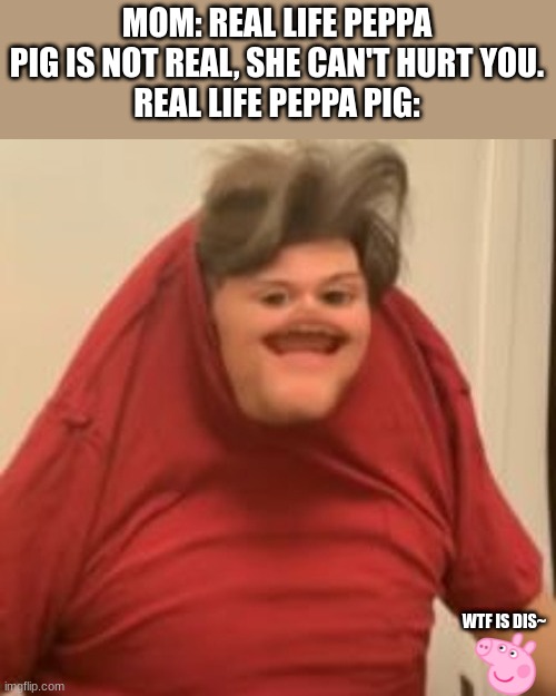 I'm pepa peeg *SNORTS* | MOM: REAL LIFE PEPPA PIG IS NOT REAL, SHE CAN'T HURT YOU.
REAL LIFE PEPPA PIG:; WTF IS DIS~ | image tagged in cursed image,cursed,peppa pig,memes,real life | made w/ Imgflip meme maker