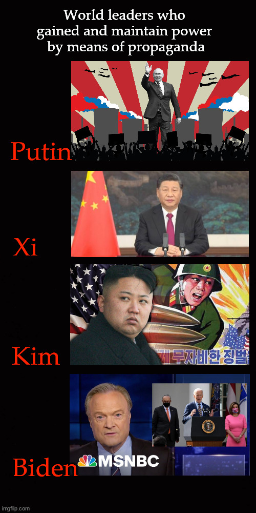 World leaders who  gained and maintain power  by means of propaganda | World leaders who 
gained and maintain power 
by means of propaganda; Putin; Xi; Kim; Biden | image tagged in putin,xi,kim,biden | made w/ Imgflip meme maker
